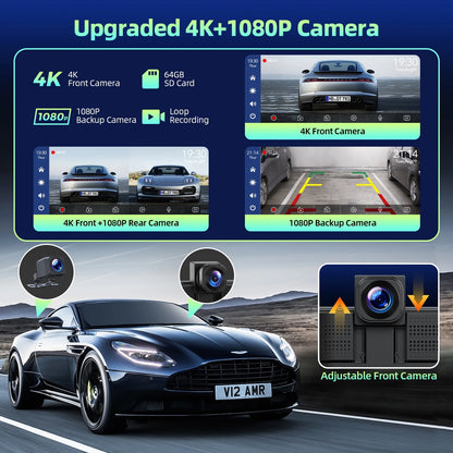 9.26" Wireless CarPlay Display with 4K Dash Cam & 1080P Backup Camera, Portable Car Stereo with Android Auto, Mirror Link, GPS, and Loop Recording