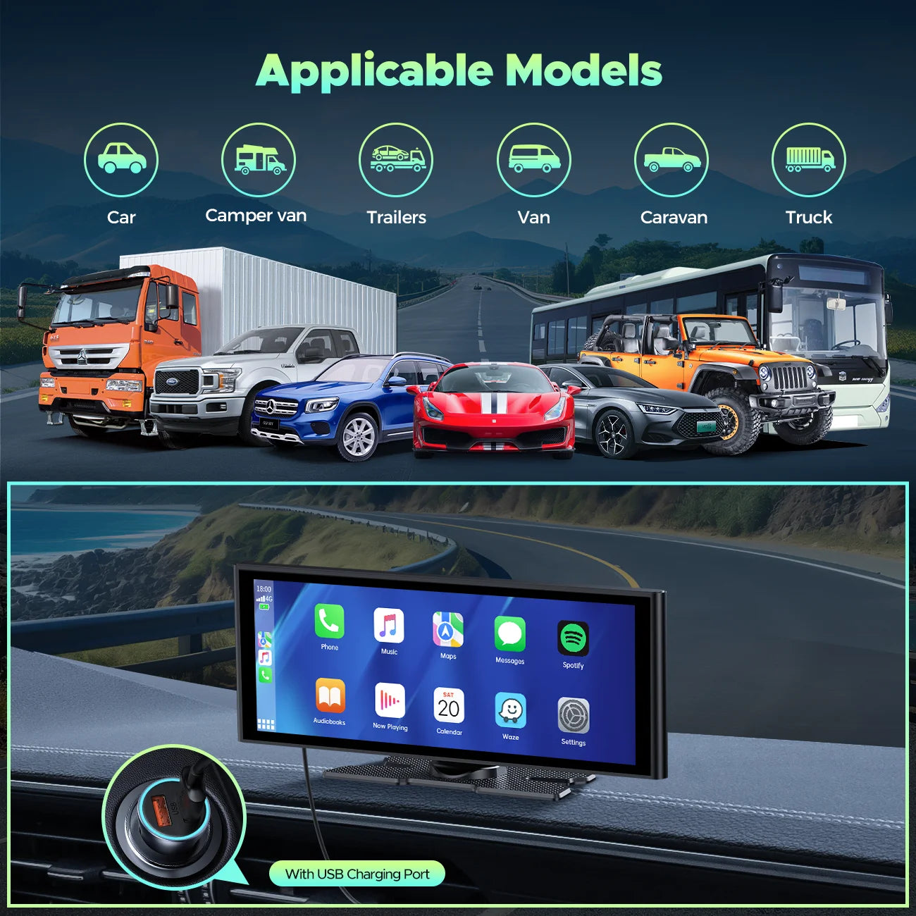 9.26" Wireless CarPlay Display with 4K Dash Cam & 1080P Backup Camera, Portable Car Stereo with Android Auto, Mirror Link, GPS, and Loop Recording