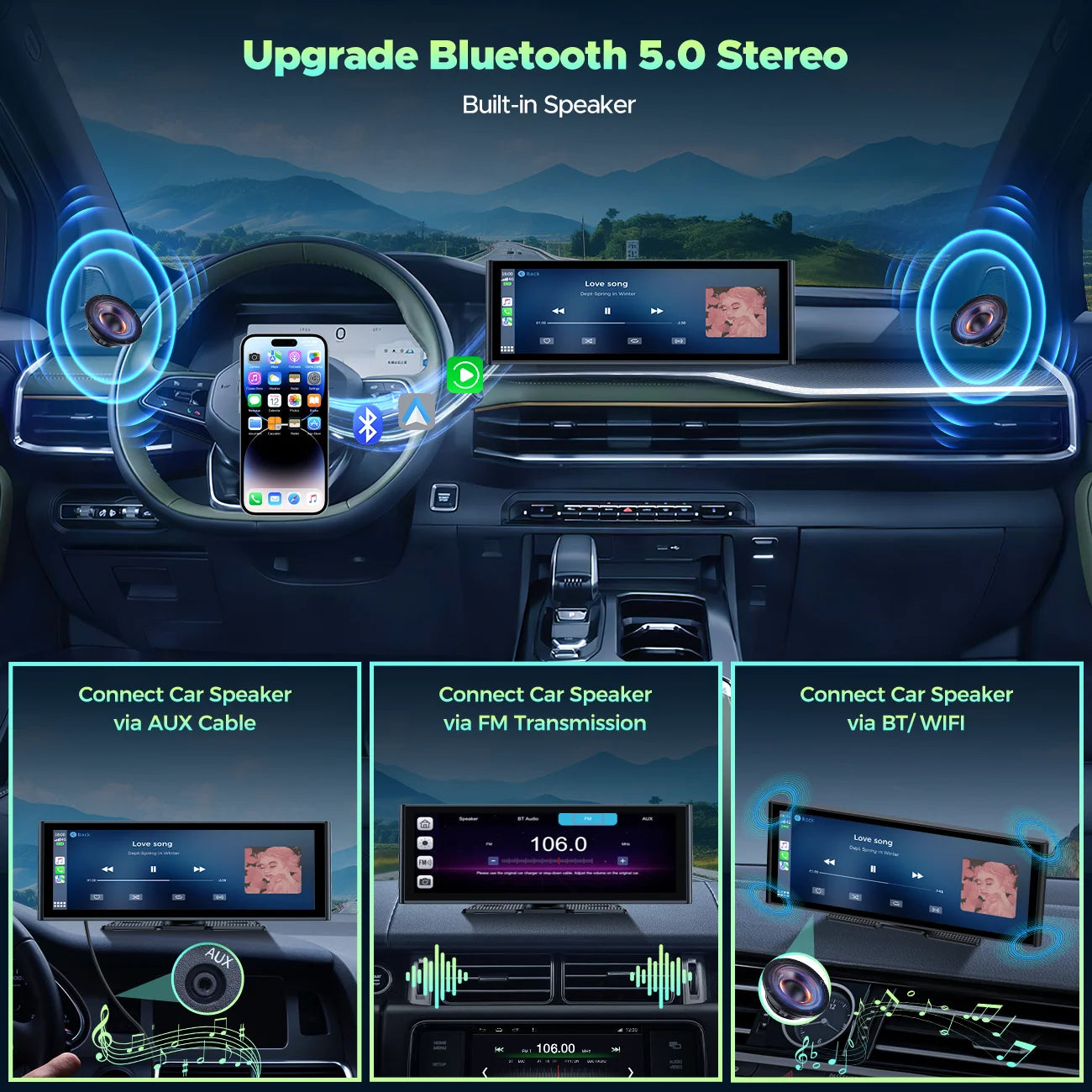 9.26" Wireless CarPlay Display with 4K Dash Cam & 1080P Backup Camera, Portable Car Stereo with Android Auto, Mirror Link, GPS, and Loop Recording