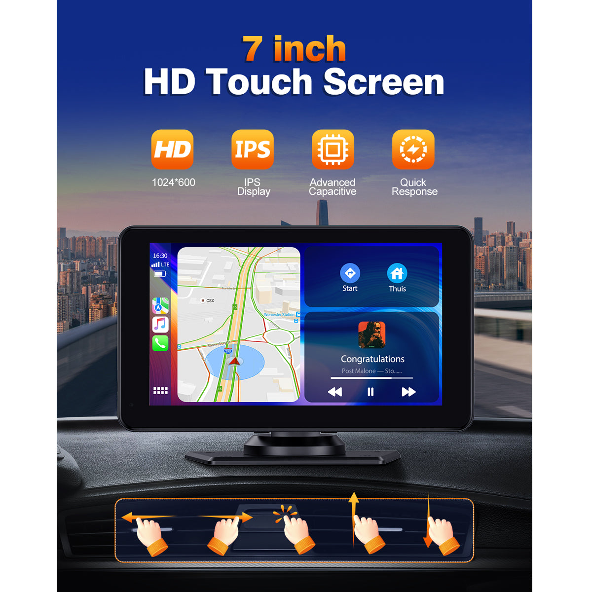 7" Wireless CarPlay Screen for Car – Portable Display Compatible with Android Auto, GPS Navigation, Mirror Link, Voice Control, AUX/FM