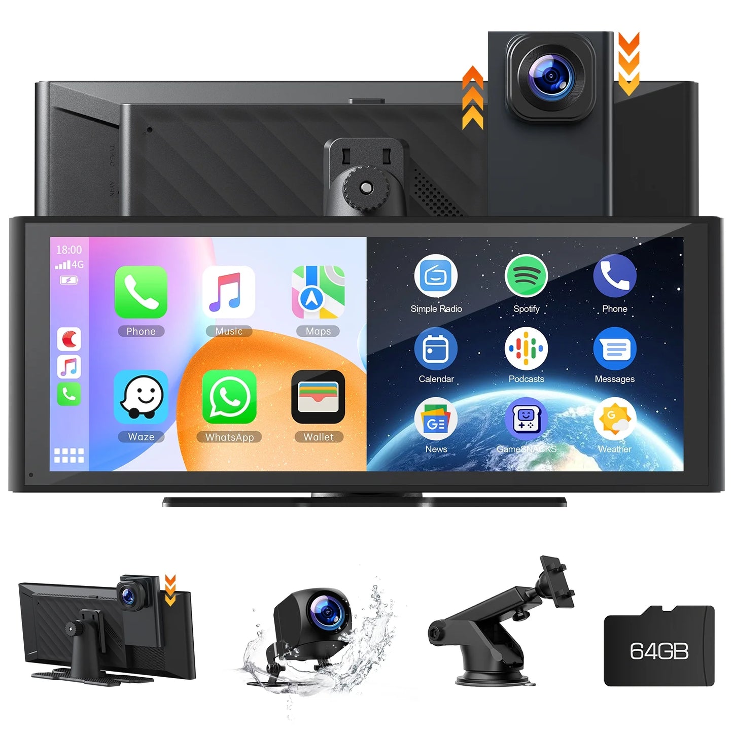 9.26" Wireless CarPlay Display with 4K Dash Cam & 1080P Backup Camera, Portable Car Stereo with Android Auto, Mirror Link, GPS, and Loop Recording