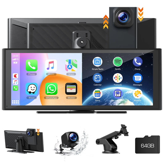 9.26" Wireless CarPlay Display with 4K Dash Cam & 1080P Backup Camera, Portable Car Stereo with Android Auto, Mirror Link, GPS, and Loop Recording