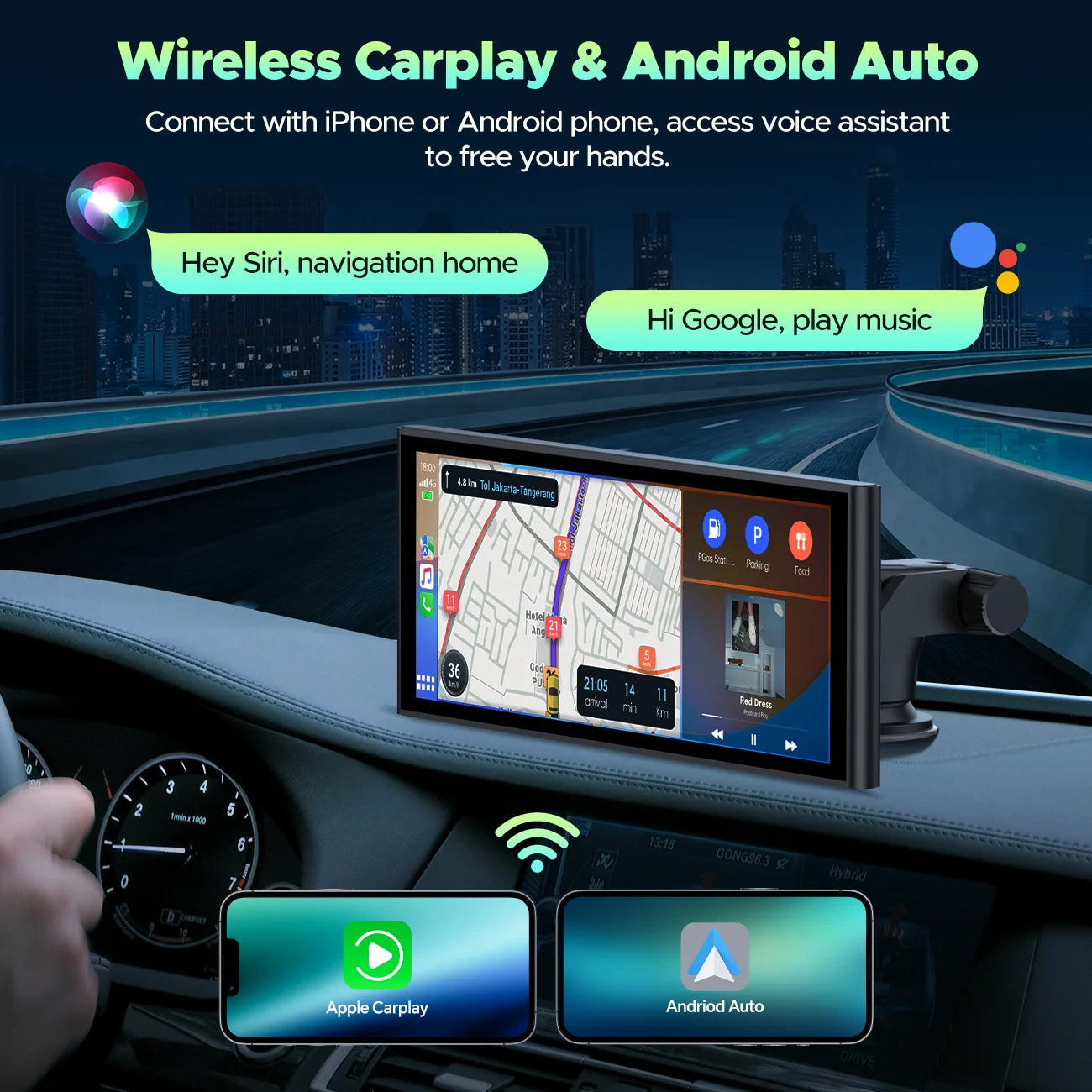 9.26" Wireless CarPlay Display with 4K Dash Cam & 1080P Backup Camera, Portable Car Stereo with Android Auto, Mirror Link, GPS, and Loop Recording