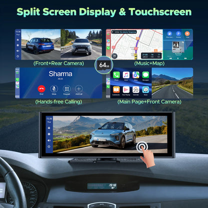 9.26" Wireless CarPlay Display with 4K Dash Cam & 1080P Backup Camera, Portable Car Stereo with Android Auto, Mirror Link, GPS, and Loop Recording