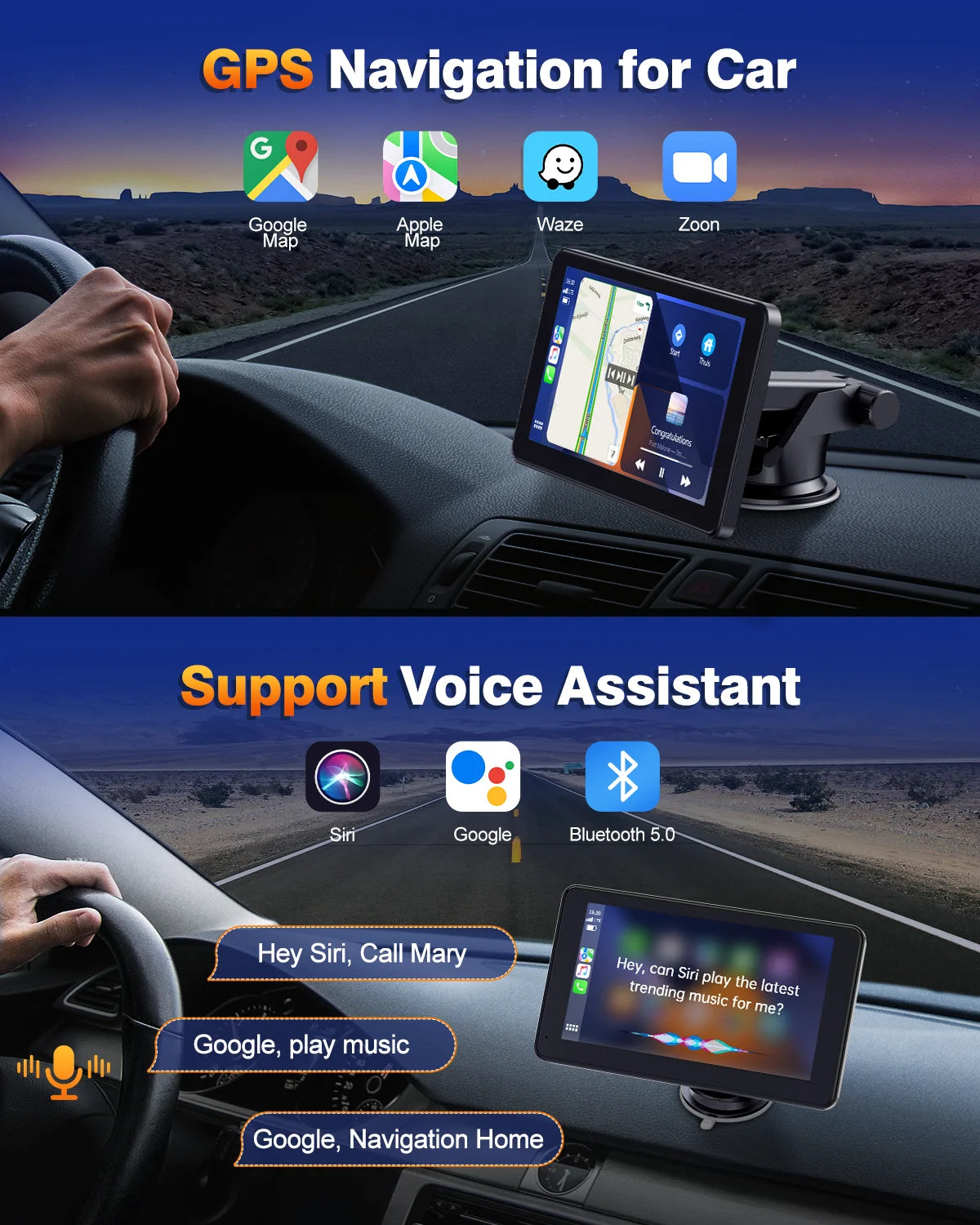 7-Inch Wireless CarPlay & Android Auto Car Stereo with 1080P HD Touchscreen, GPS Navigation, Bluetooth, FM, and Siri Integration