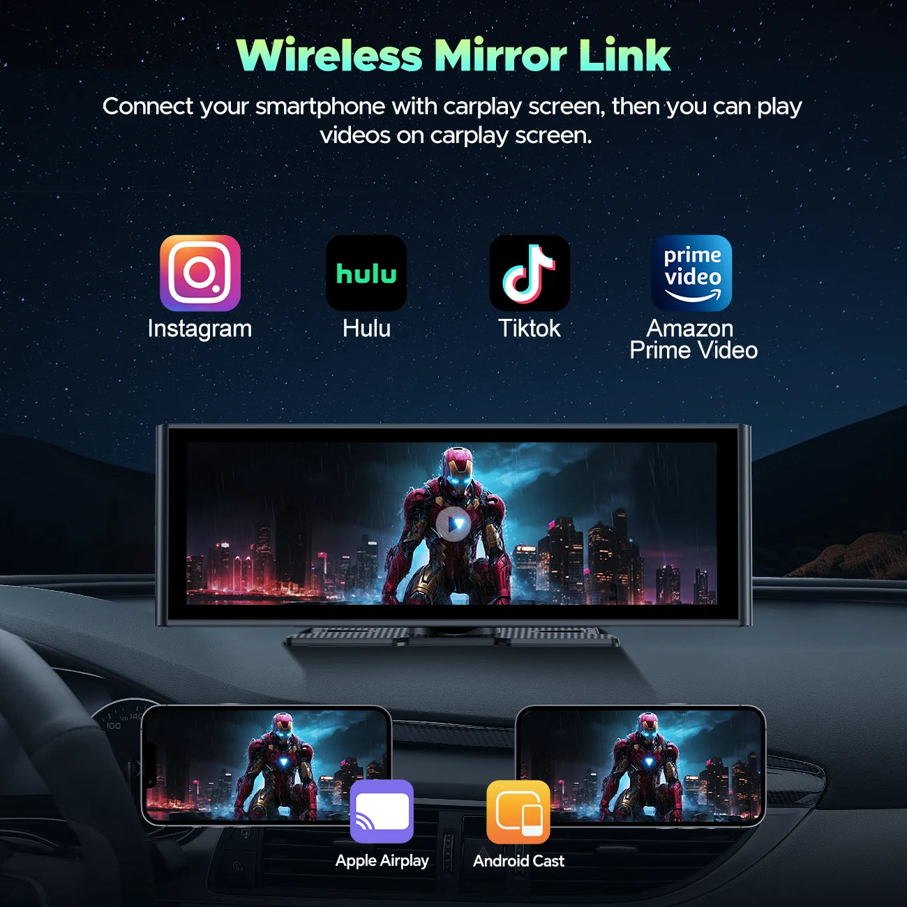 9.26" Wireless CarPlay Display with 4K Dash Cam & 1080P Backup Camera, Portable Car Stereo with Android Auto, Mirror Link, GPS, and Loop Recording