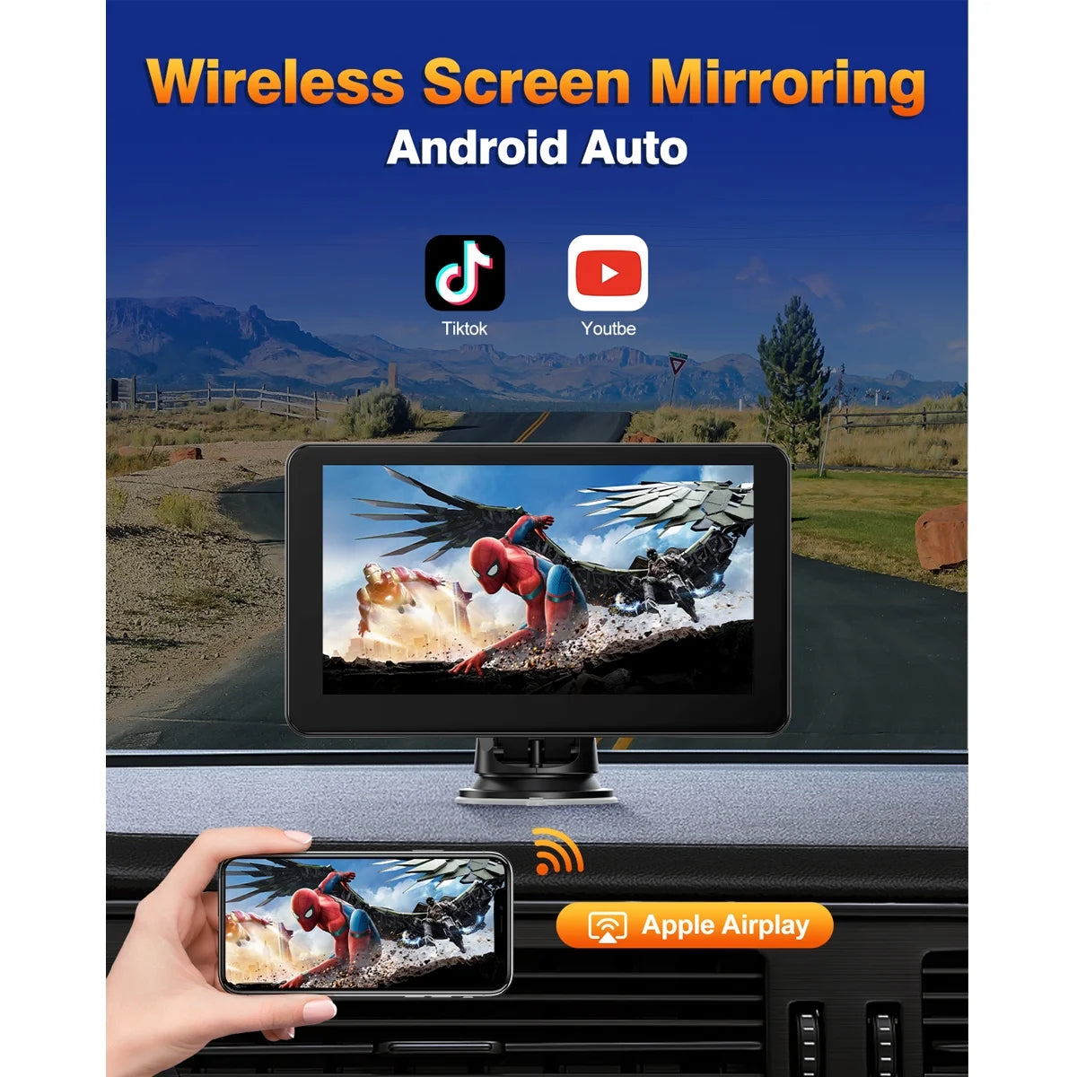 7" Wireless CarPlay Screen for Car – Portable Display Compatible with Android Auto, GPS Navigation, Mirror Link, Voice Control, AUX/FM